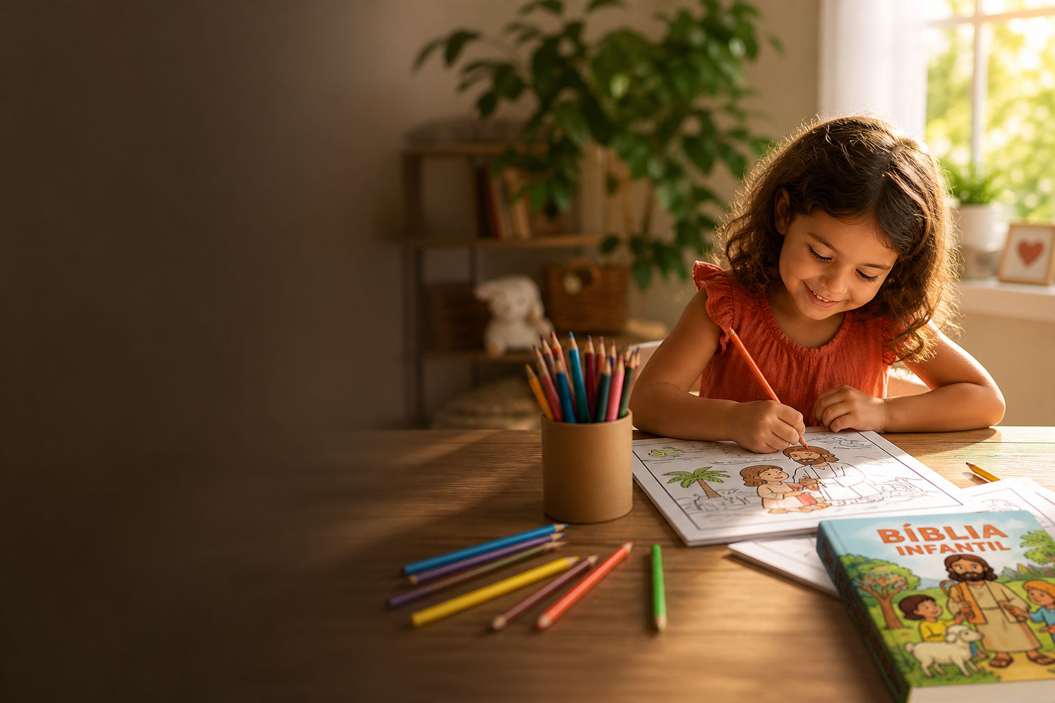 mesa em casa com Bíblia infantil, lápis de cor e uma criança desenhando